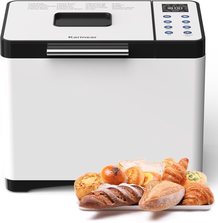 Karinear Machine à pain Blanc avec 20 programmes, gants inclus, départ différé 15 heures, acier inoxydable, 3 tailles de pain et couleurs de croûte